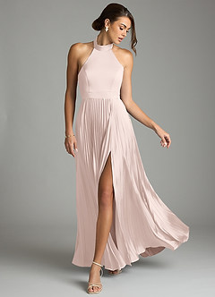 Azazie Zienna 신부 들러리 드레스 A라인 주름진 스트레치 새틴 바닥 길이 드레스 image3