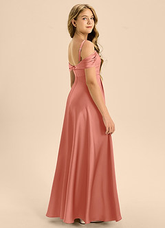 Azazie Rowena Junior Salmon Pink A-Line Bow Stretch Satin Dress image2