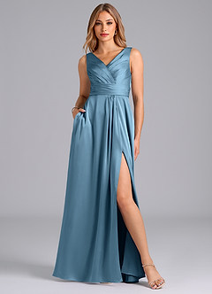 Azazie Karina Bridesmaid Dresses Steel Blue A-Line Pleated Stretch Satin Dress image1
