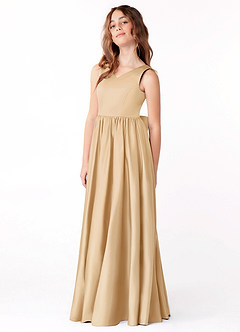 Azazie Hathaway Junior Gold A-Line Bow Stretch Satin Dress image4
