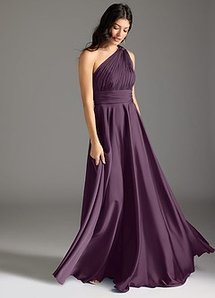 Azazie Charlize Bridesmaid Dresses Plum A-Line One Shoulder Stretch Satin Dress image3