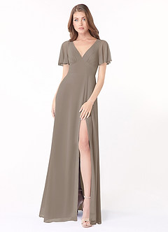 Azazie Kimber Bridesmaid Dresses Taupe A-Line Flounce Sleeve Chiffon Dress image4