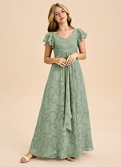 Azazie Omari Junior Dusty Sage A-Line Pleated Floral Burnout Dress image1