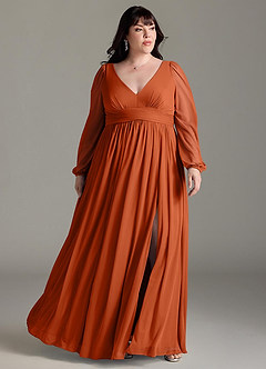 Azazie Norah Bridesmaid Dresses Burnt Orange A-Line V-Neck Long Sleeve Chiffon Dress image6