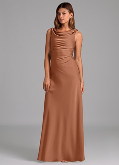Azazie Nerine Bridesmaid Dresses Bronzer A-Line Pleated Stretch Satin Dress image1