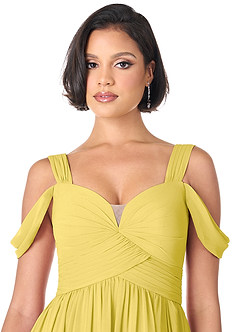 Azazie Lianne Robes de demoiselle d'honneur Robe Trapèze en Mousseline de soie Épaule décolletée Canari image5