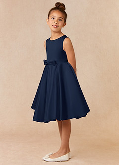 Azazie Coco Flower Girl Dresses Dark Navy A-Line Bow Matte Satin Dress image2