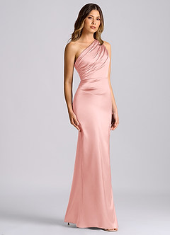 Azazie Akilah Probar vestidos en casa Vestido de Azul Cielo de Satén Elástico de Corte Sirena con Hombro unilateral image3