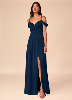 Azazie Ocean Bridesmaid Dresses Dark Navy A-Line V-Neck Pleated Stretch Satin Dress image1