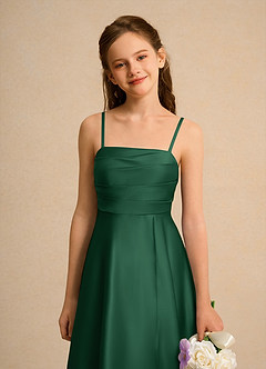 Azazie Pebbles Girls Formal Flower Girl Dresses Dark Green A-Line Pleated Matte Satin Dress image3
