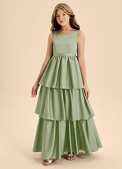 Azazie Meadowyn Junior Dusty Sage A-Line Bow Stretch Satin Dress image4