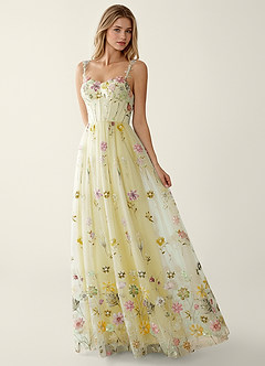 Irisqun Yellow 3D Flowers Sequin Embroidery Beading Tulle Prom Dress image3