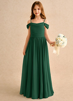 Azazie Shia Girls Formal Abiti da Ragazza di Fiori Abito A-Line in Chiffon a Spalla Scoperta Verde Scuro image4