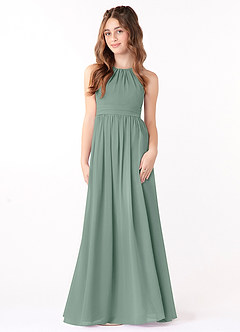 Azazie Jaylah Junior Steel Blue A-Line Ruched Chiffon Dress image2