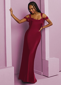 Barbie ♥ Azazie Jurken voor bruidsmeisjes Jurk van Stretch Satijn met Kolom Geplooid Bourgondië image12