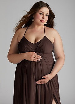 Azazie Annabelle Maternity Bridesmaid Dresses A-Line V-Neck Pleated Mesh Floor-Length Dress image10