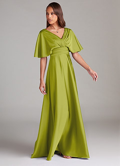 Azazie Pamela Bridesmaid Dresses Lemongrass A-Line Pleated Stretch Satin Dress image3