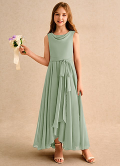 Azazie Wonderland Junior Formal Robe Demoiselle D'honneur Fillette Robe Trapèze en Mousseline de soie Plissée Vert Sauge image1
