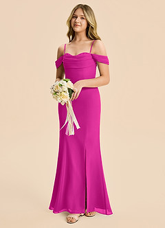 Azazie Nira Junior Vestido Fucsia de Gasa de Corte Sirena con Drapeado image5
