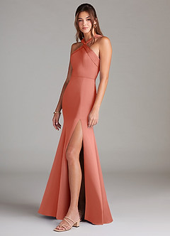 Azazie Rue Vestidos de damas de honor Vestido de Rosa Salmón de Satén Elástico de Corte Sirena con Plisado image5