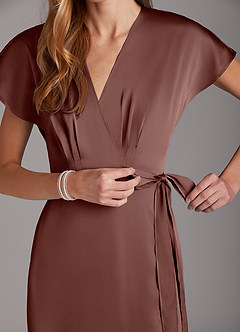 Azazie Nico Bridesmaid Dresses Espresso A-Line V-Neck Stretch Satin Dress image7