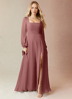 Azazie Leonia Robes de demoiselle d'honneur Robe Trapèze en Mousseline de soie Manche longue Rose Du Désert image3