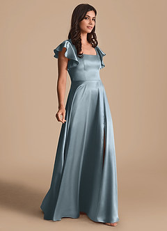 Azazie Bondi Bridesmaid Dresses Dusty Blue A-Line Bow Metallic Satin Dress image4