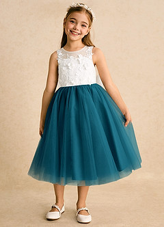 Azazie Lina Flower Girl Dresses Ivory Ink Blue Ball-Gown Lace Dress image5