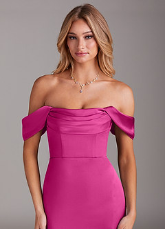 Azazie Saige Bridesmaid Dresses Fuchsia Sheath Off the Shoulder Stretch Satin Dress image7