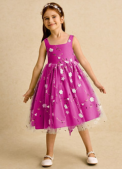 Azazie Bean Flower Girl Dresses Fuchsia Ball-Gown Sleeveless Tulle Dress image3