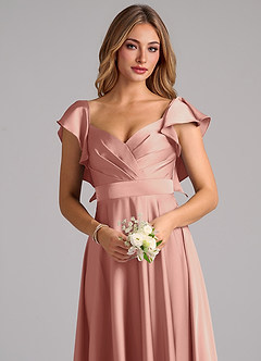 Azazie Leilani Bridesmaid Dresses Rosette A-Line Ruched Stretch Satin Dress image5
