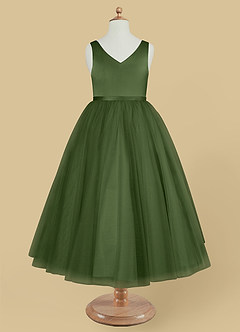 Azazie Marybell Flower Girl Dresses Olive A-Line Bow Tulle Dress image5