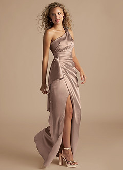 Azazie Maive Bridesmaid Dresses Taupe Sheath Ruched Metallic Satin Dress image5