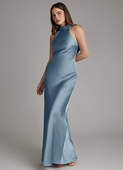 Azazie Dimitra Bridesmaid Dresses Dusty Blue A-Line Pleated Stretch Satin Dress image6