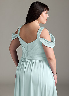 Azazie Lianne Bridesmaid Dresses Sea Glass A-Line Off the Shoulder Stretch Satin Dress image15