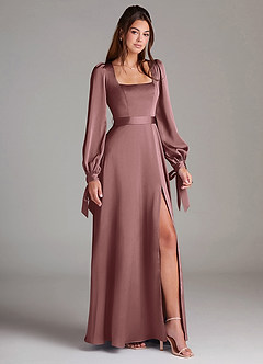 Azazie Leonia Bridesmaid Dresses Vintage Mauve A-Line Long Sleeve Stretch Satin Dress image3