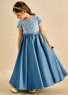 Azazie Cashew Flower Girl Dresses Steel Blue Ball-Gown with Sleeves Matte Satin Dress image5