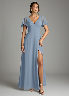 Azazie Kimber Bridesmaid Dresses Dusty Blue A-Line Flounce Sleeve Chiffon Dress image2