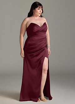Azazie Yola Vestidos de damas de honor Vestido de Cabernet de Satén Elástico de Corte Recto Convertible con Cuello en V Plisado image12