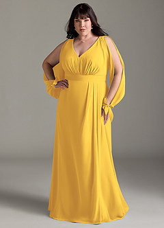 Azazie Matilda Bridesmaid Dresses Marigold A-Line Long Sleeve Chiffon Dress image9