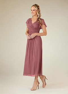 Azazie Vera Mother of the Bride Dresses Desert Rose A-Line V-Neck Pleated Mesh Dress image2