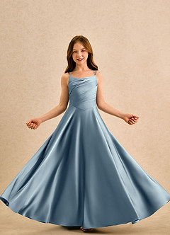 Azazie Coconut Girls Formal 플라워 걸 드레스 A라인 주름진 스트레치 새틴 플로어 길이 드레스 image5