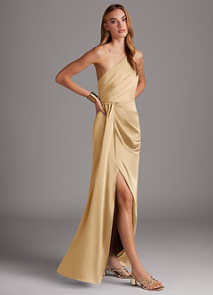 Azazie Mika Jurken voor bruidsmeisjes Jurk van Stretch Satijn met Kolom One-Shoulder Goud image4