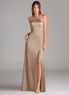 Azazie Elliana Robes de demoiselle d'honneur Robe Fourreau en Satin extensible Fente Latérale Taupe image4