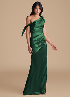 Azazie Xyla Bridesmaid Dresses Dark Green Sheath Off the Shoulder Metallic Satin Convertible Dress image7