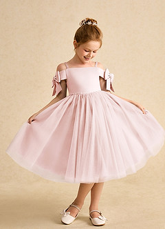 Azazie Amie Flower Girl Dresses Blushing Pink A-Line Off the Shoulder Matte Satin Dress image1