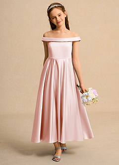 Azazie Teeny Girls Formal Vente Finale Robe Trapèze en Mat Satiné Plissée Rose Pâle image3
