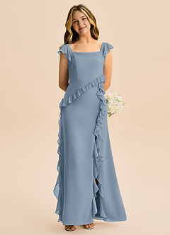 Azazie Aveline Junior A라인 셔링 쉬폰 플로어 길이 주니어 신부 들러리 드레스 image2