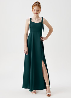 Azazie Rosey Junior Robe Trapèze en Satin extensible Encolure en Forme de Cœur Vert Pin image5