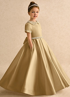 Azazie Gabriella Flower Girl Dresses Gold Ball-Gown with Sleeves Matte Satin Dress image3